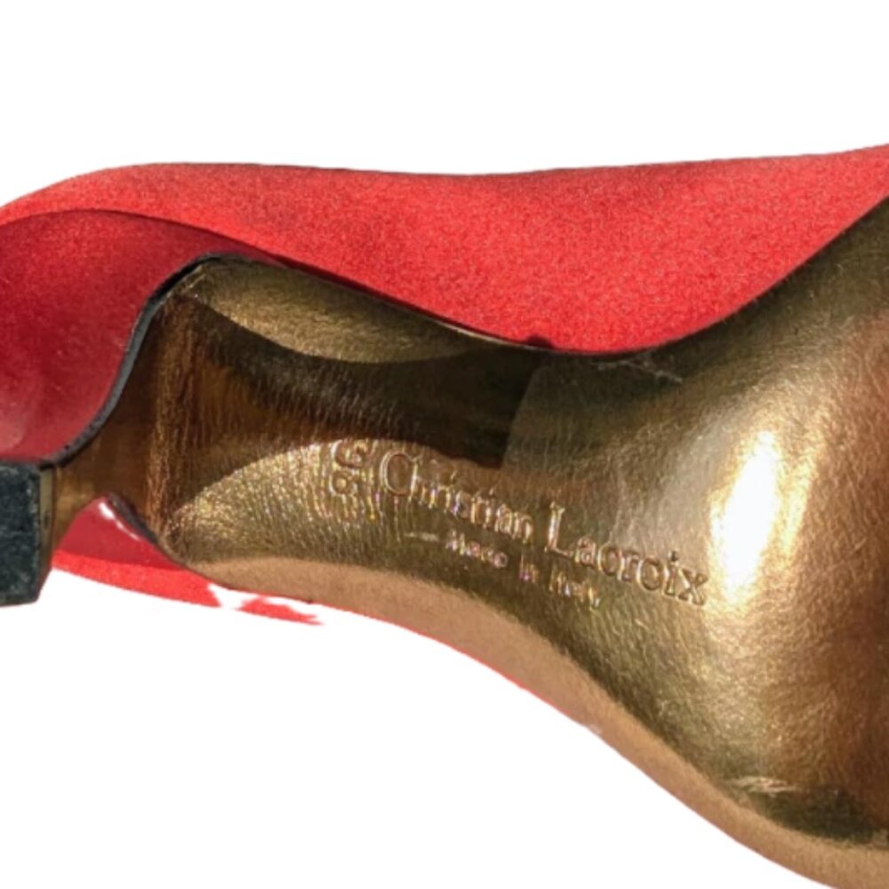 Vintage Christian Lacroix Red Satin Bow Rhinestone Peep Toe Pumps Y2K Designer - Picture 3 of 7